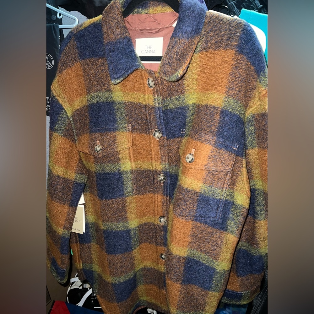 Wilfred Free The Ganna Plaid Wool Blend Shacket - Blue, Orange, Green